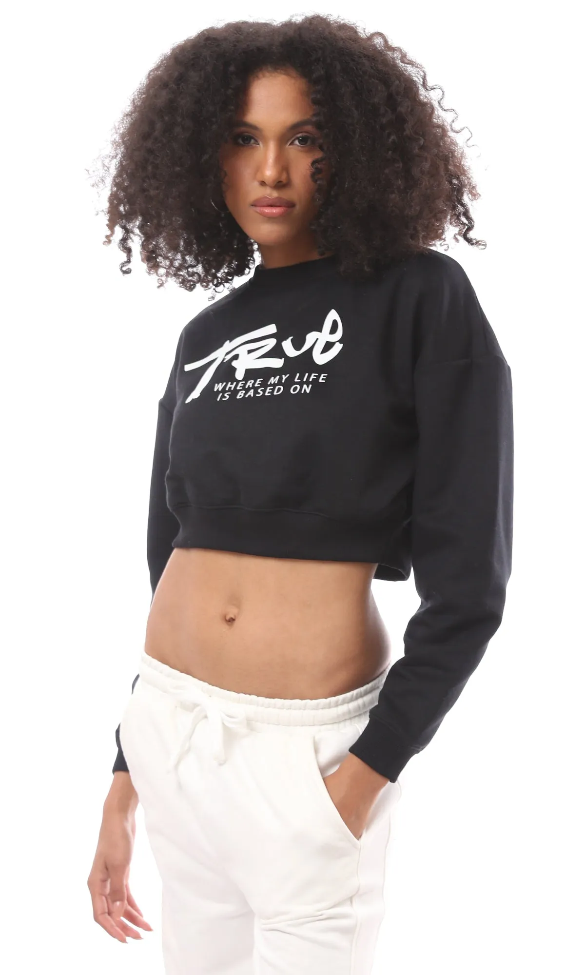 O174930 Casual Print "True Story" Black Cotton Short Sweatshirt