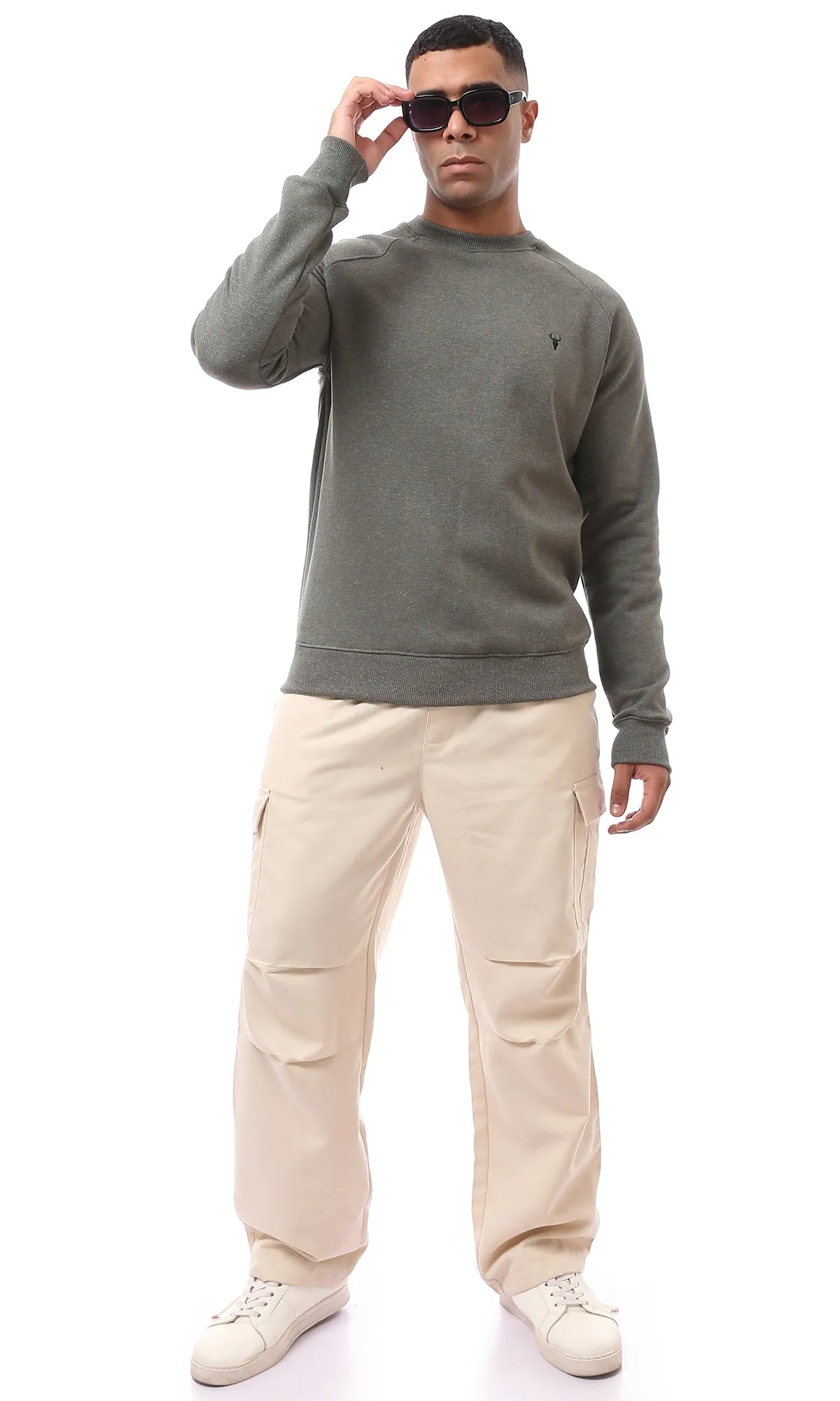 O175376 Round Neck Slip On Heather Olive Sweatshirt