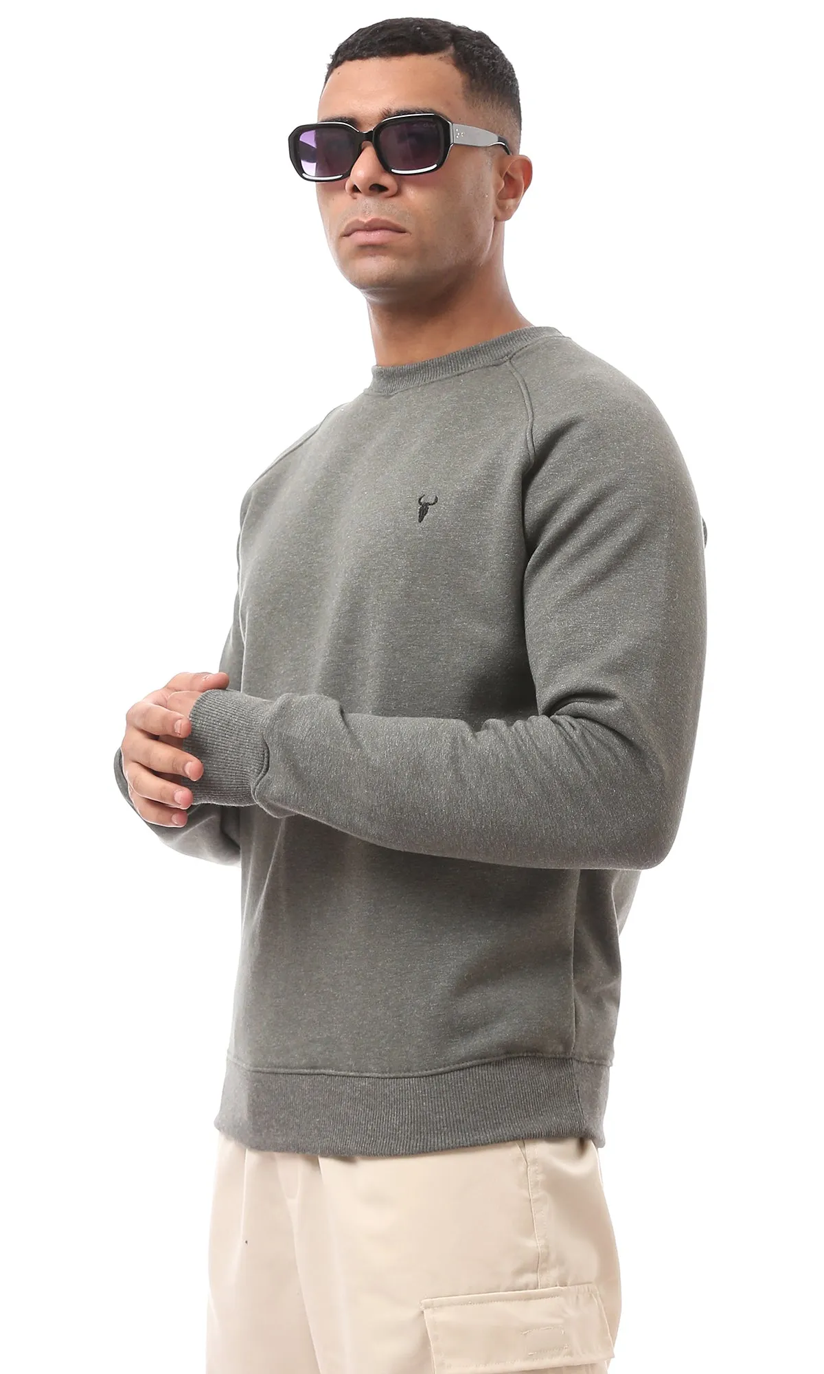 O175376 Round Neck Slip On Heather Olive Sweatshirt