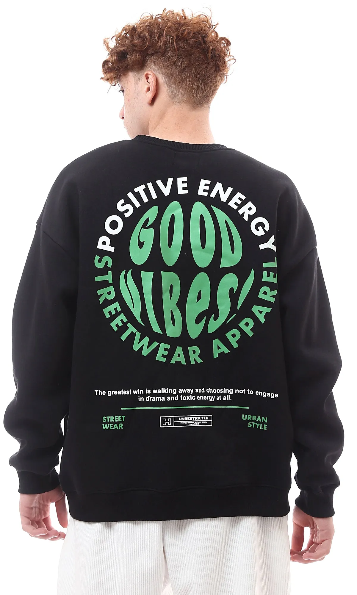 O176050 Front & Back Print Good Vibes Black Winter Sweatshirt