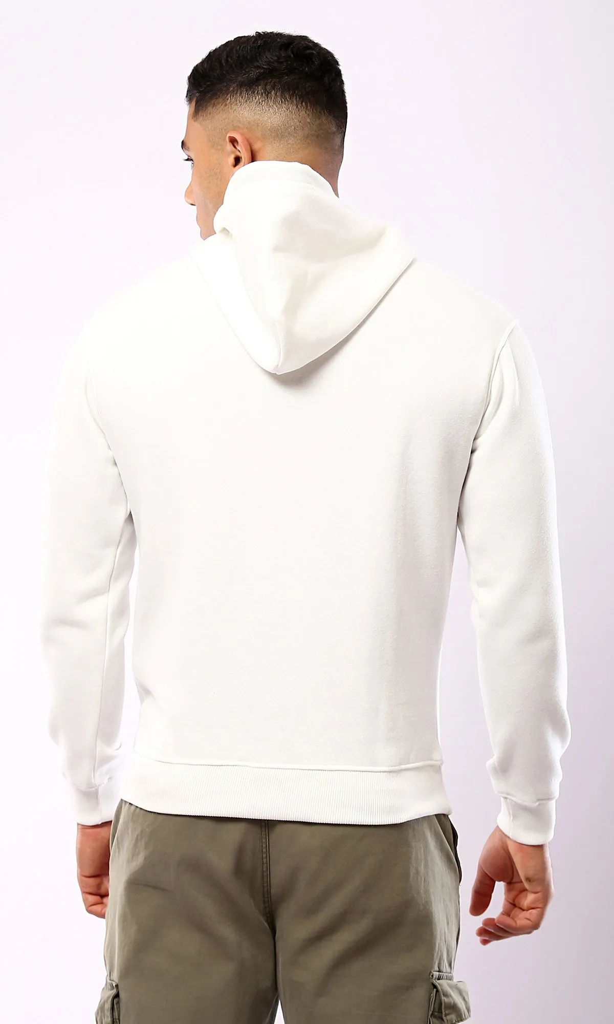 O180404 Solid Off-White Hoodie With Kangaroo Pocket