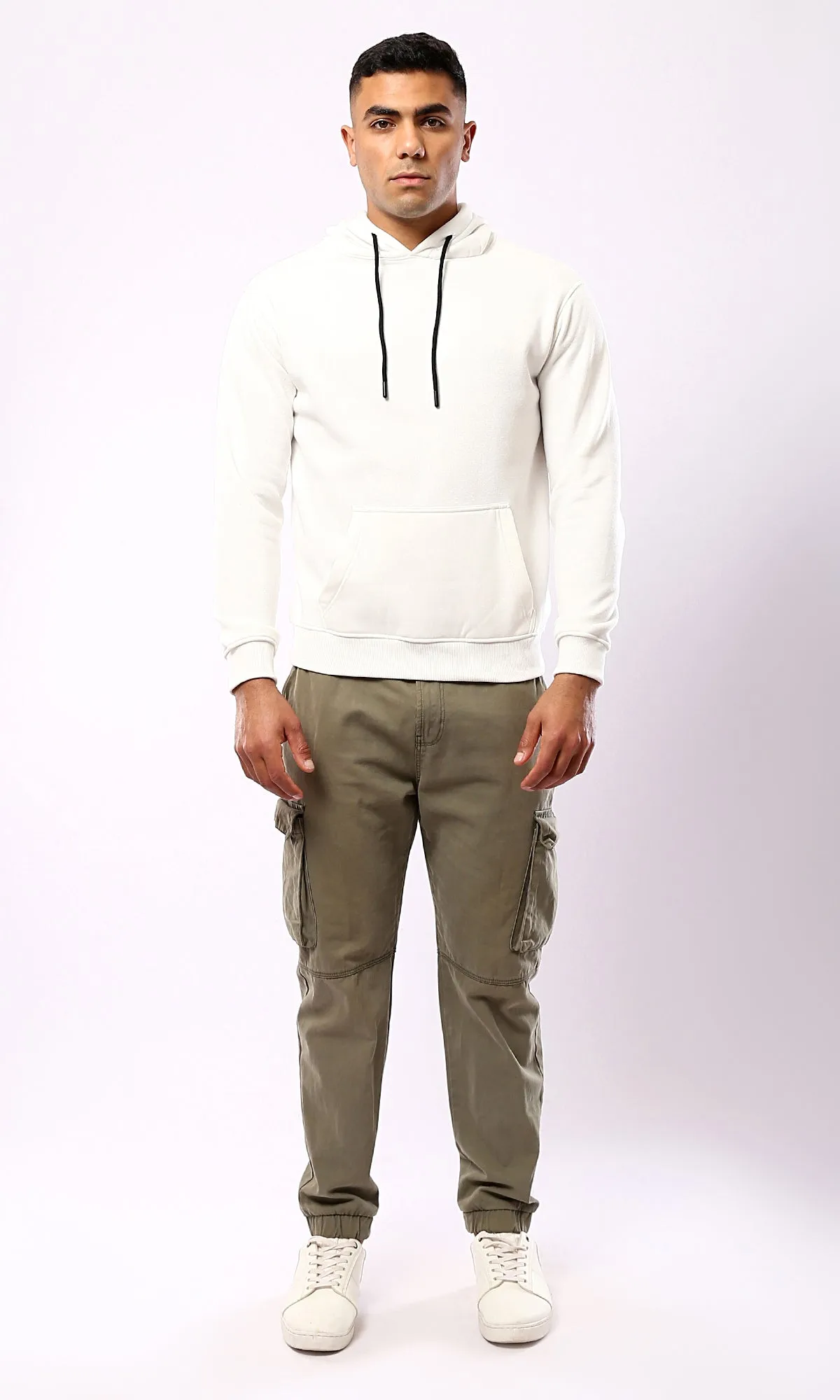 O180404 Solid Off-White Hoodie With Kangaroo Pocket