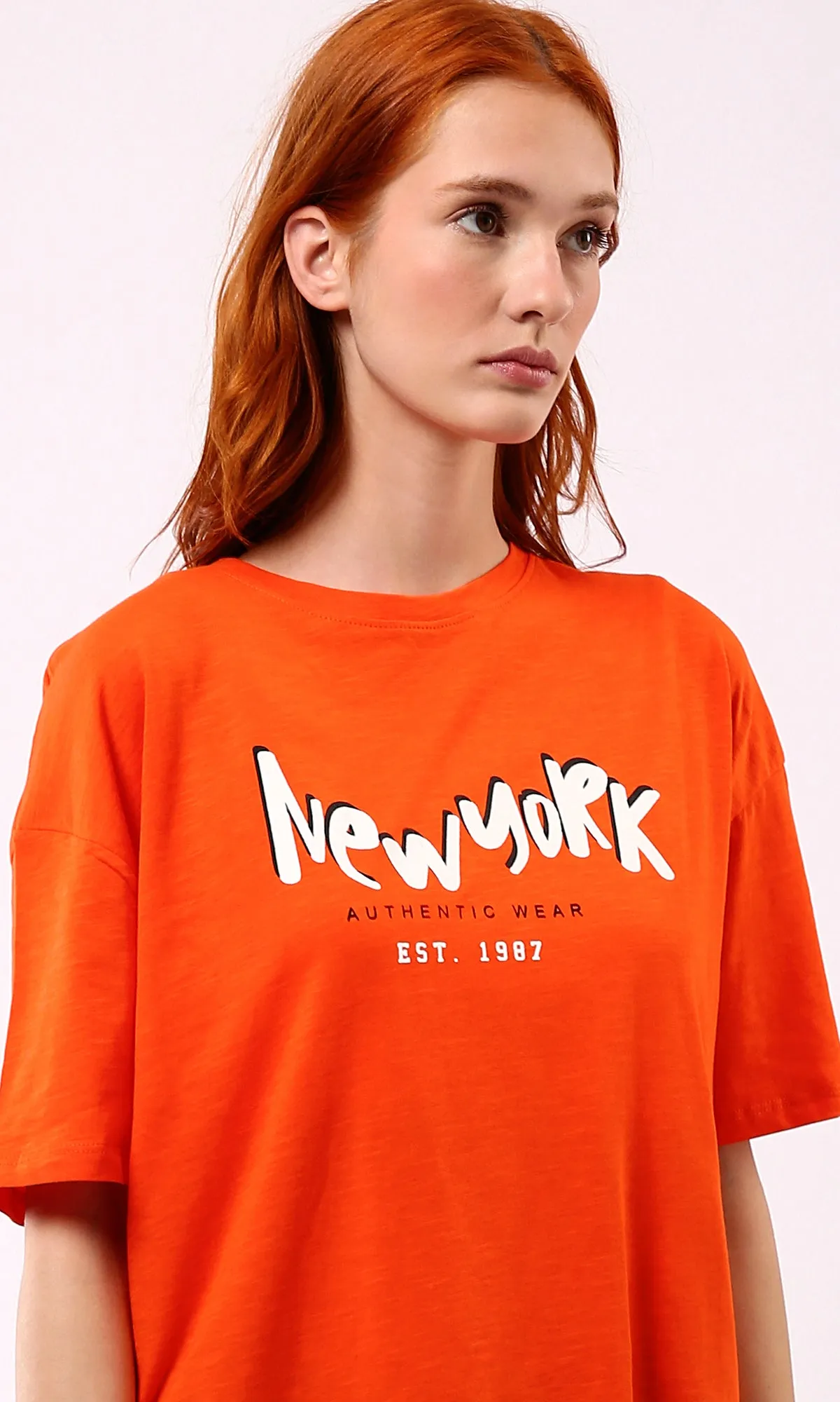 O180440 Hot Orange Printed New York Slip On Tee