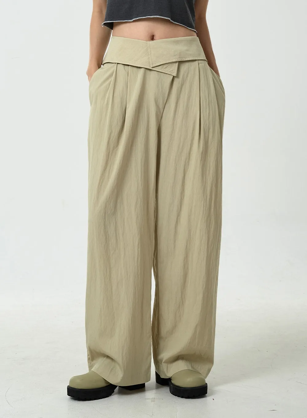 Pin-tuck Nylon Wide Leg Pants CU13