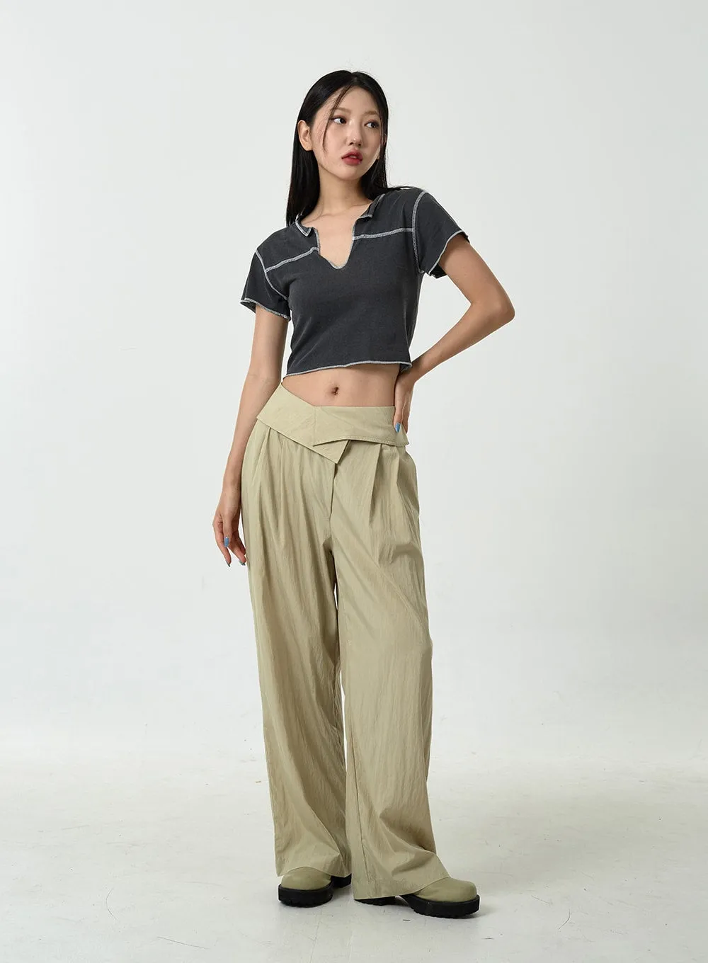 Pin-tuck Nylon Wide Leg Pants CU13