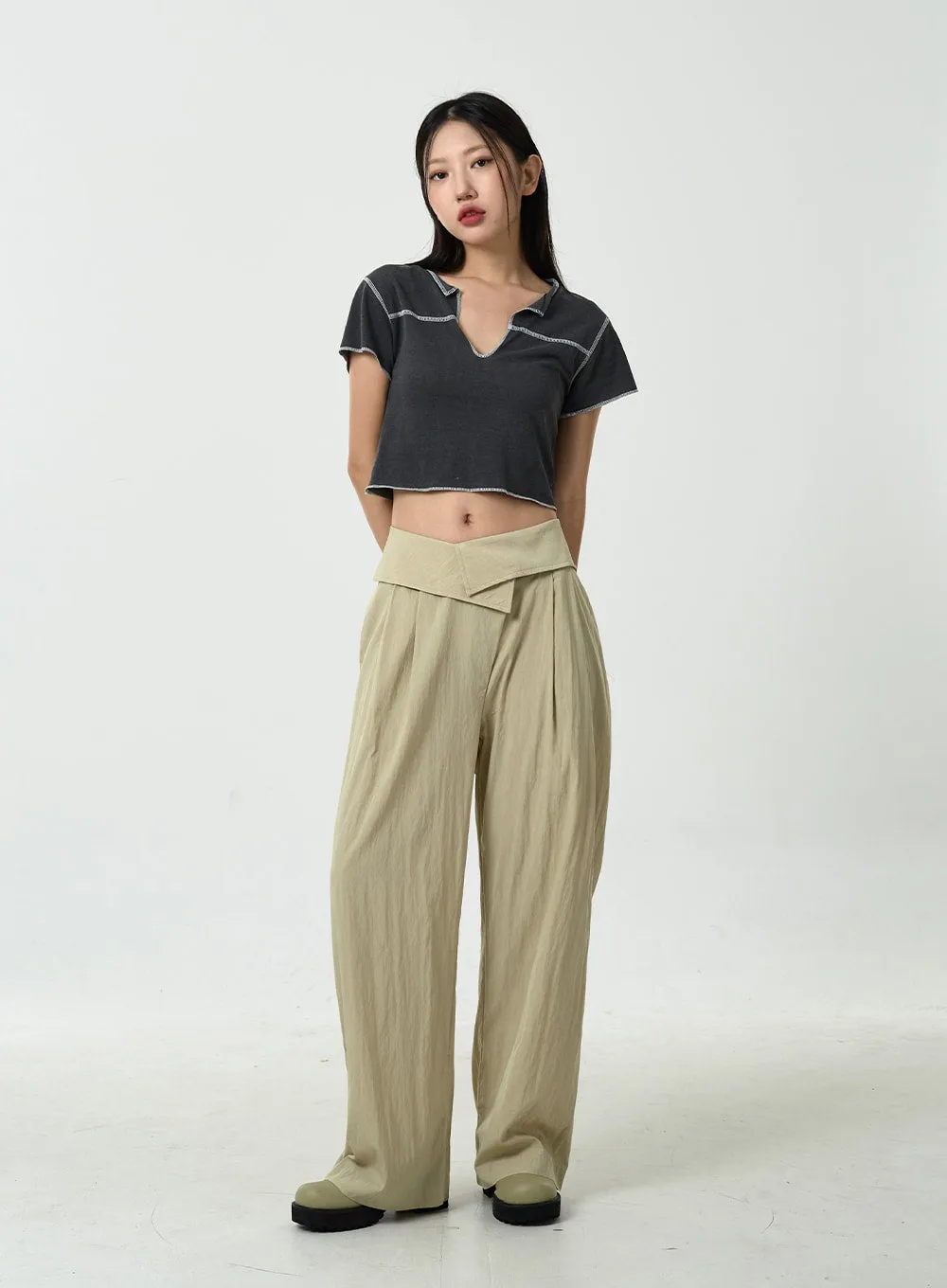 Pin-tuck Nylon Wide Leg Pants CU13