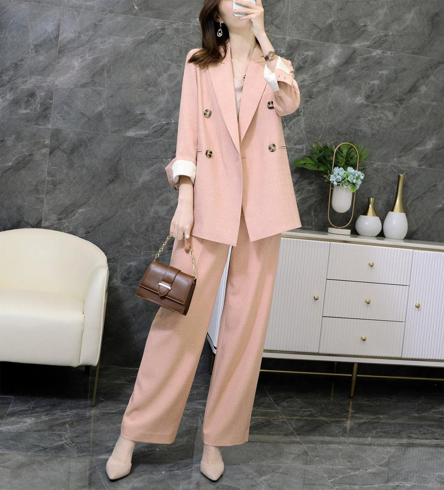 Pink Double Breasted Belted Blazer & Wide Leg Pants Suit