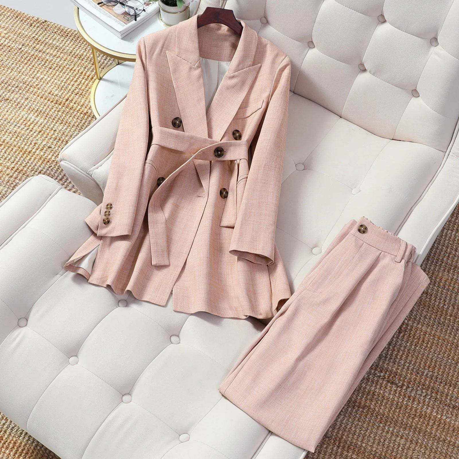 Pink Double Breasted Belted Blazer & Wide Leg Pants Suit