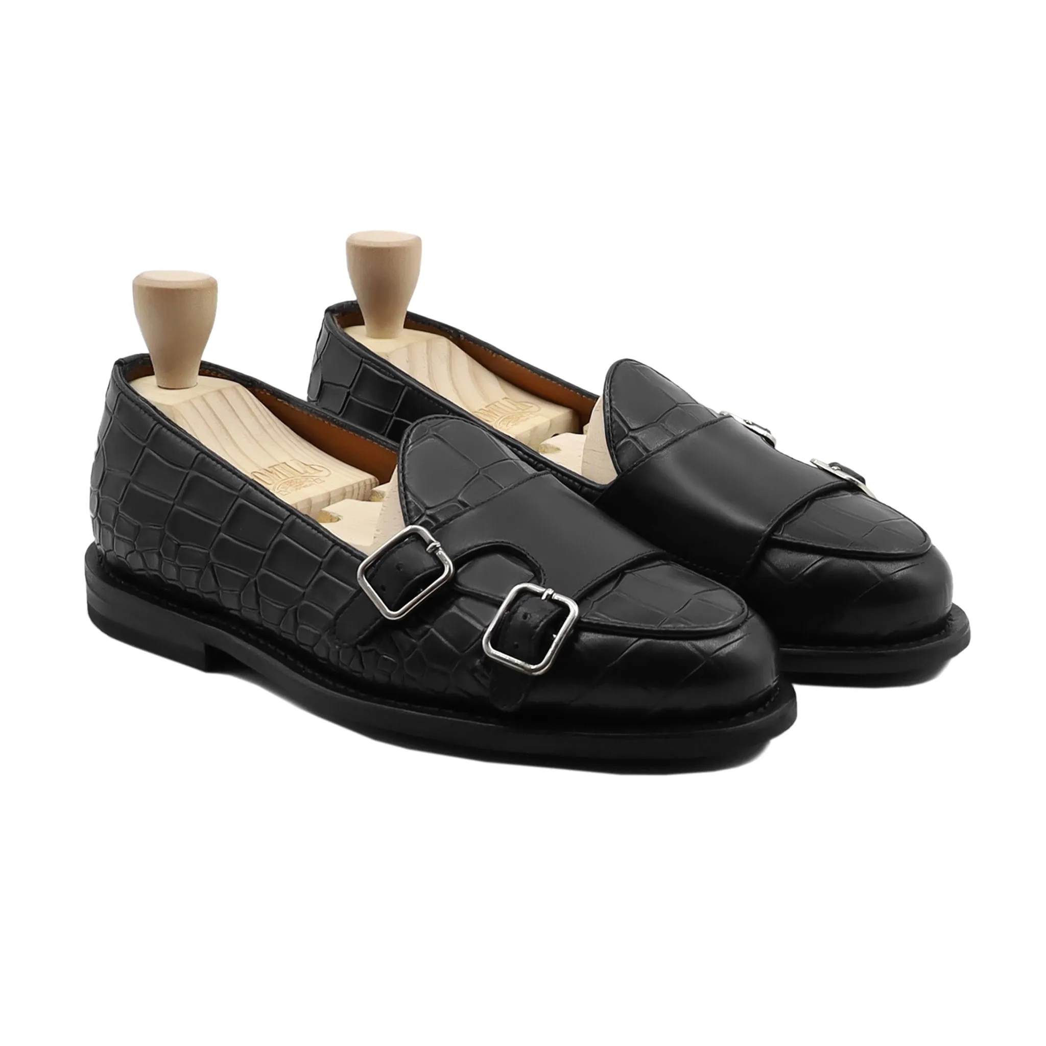 Sebastian Gy - Men's Black Calf And Printed Crocodile Double Monkstrap