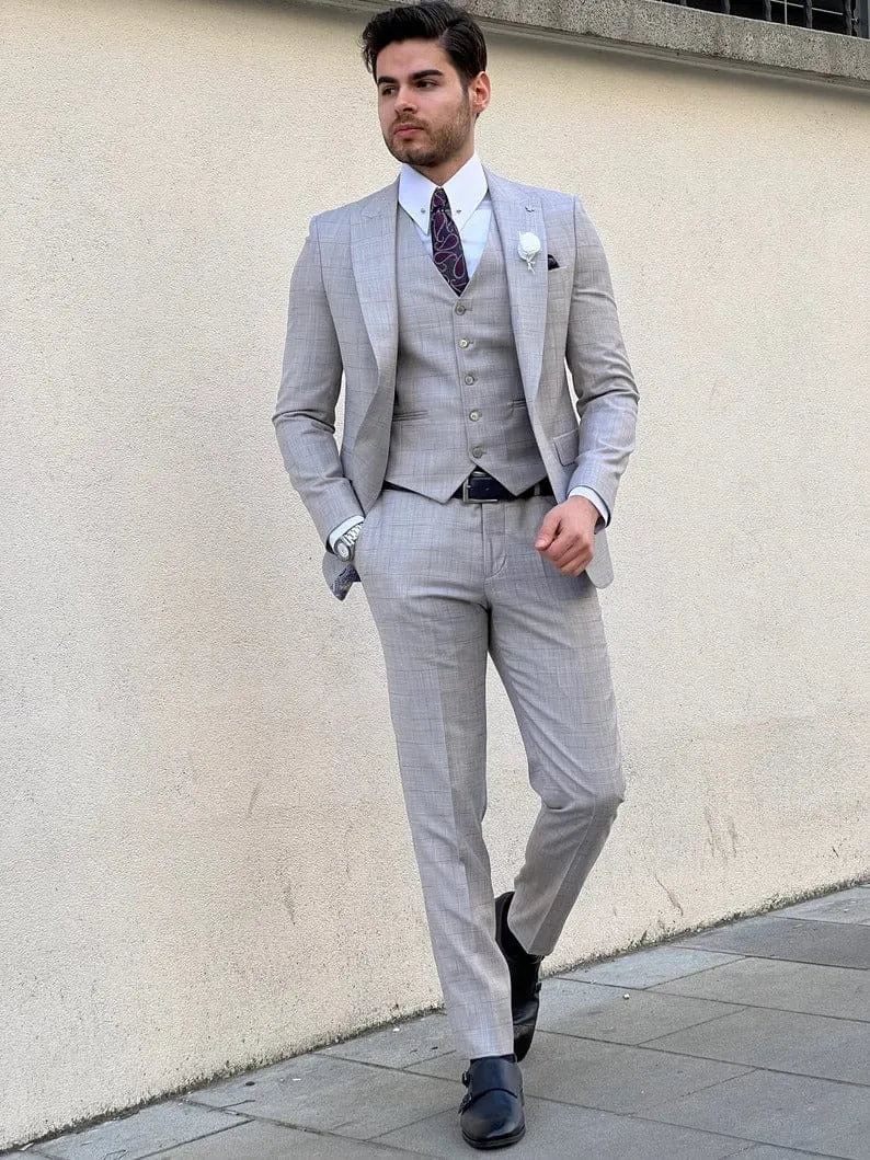 Slim Fit Plaid Wool Gray Suit