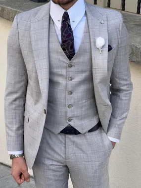 Slim Fit Plaid Wool Gray Suit