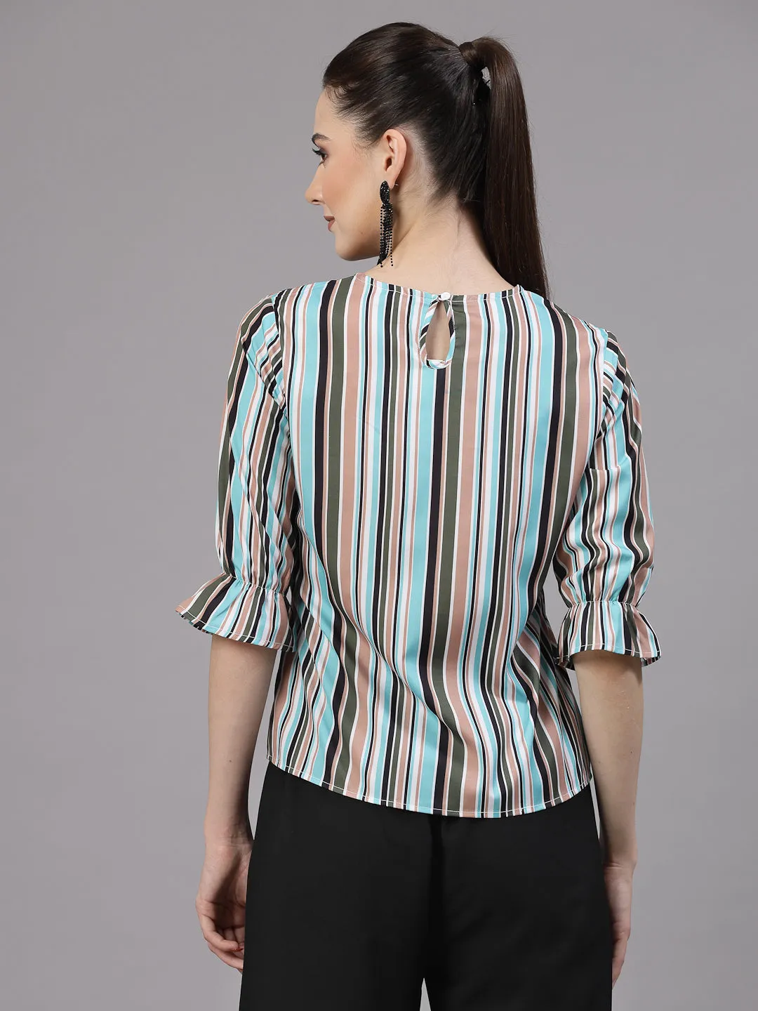 Style Quotient Women Aqua and Multi Striped Regular Casual Top