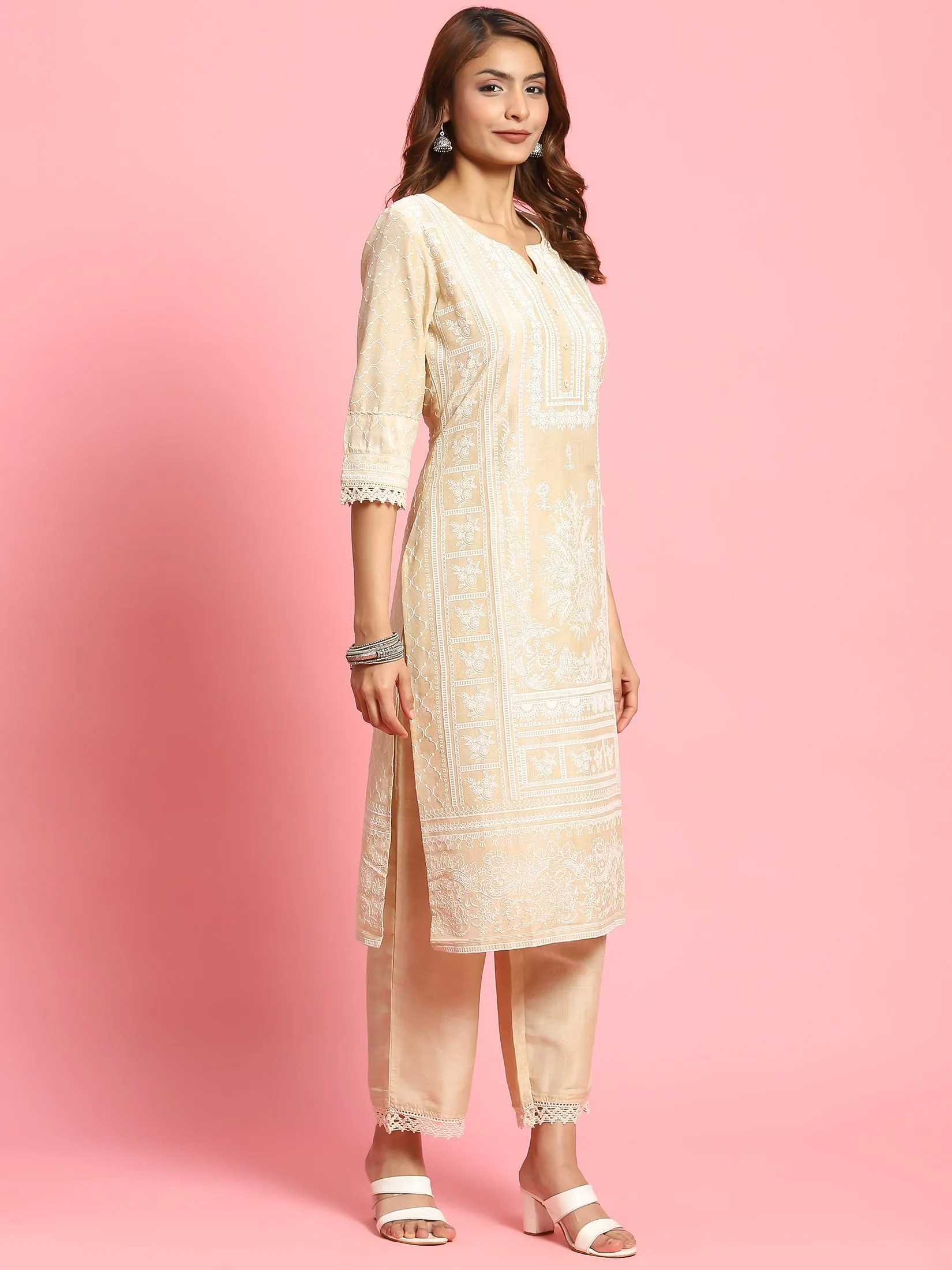 Women Beige Placement Printed Kurta Comfort Pant Dupatta