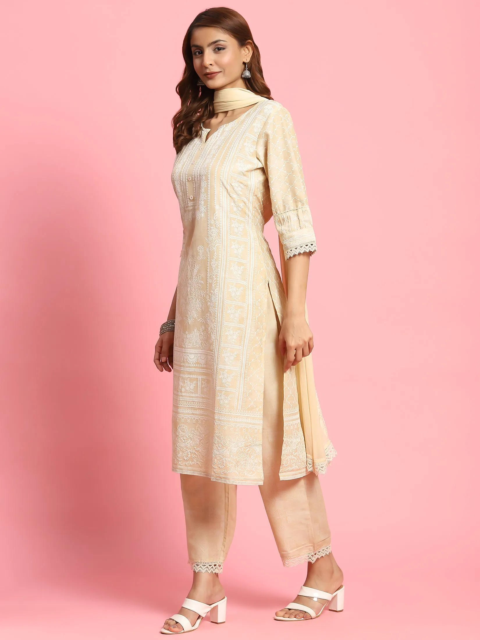 Women Beige Placement Printed Kurta Comfort Pant Dupatta