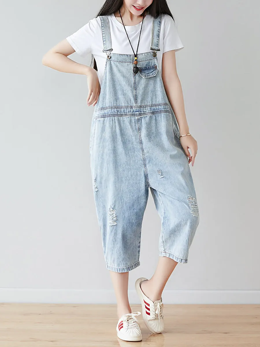 Women Retro Frayed Solid Claf-Length Denim Jumpsuits CO1019