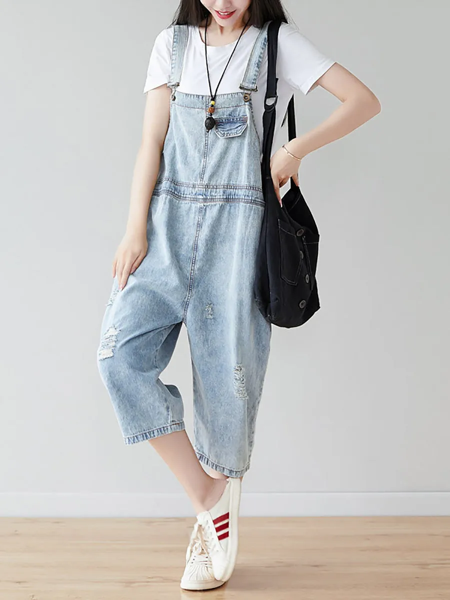 Women Retro Frayed Solid Claf-Length Denim Jumpsuits CO1019